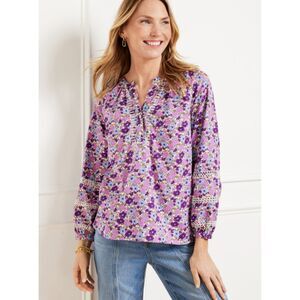 EUC Talbots Floral Embroidered Top Sz M Tossed Ditsy Purple Pink Long Slv Boho